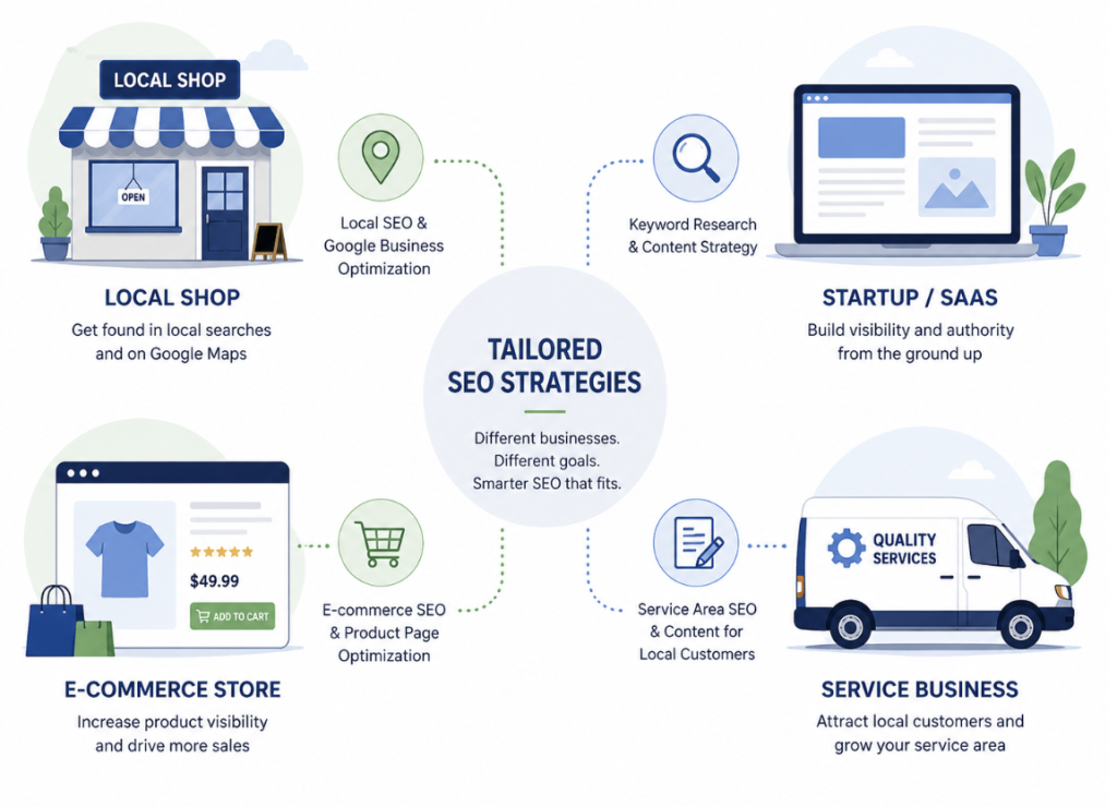 Infographic showing affordable SEO strategies tailored to four business types.